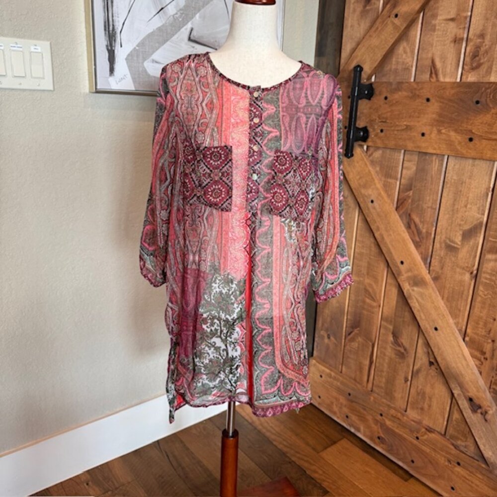 Fig and Flower Sheer Boho Tunic Blouse Paisley Patchwork Print Size L - Picture 4 of 12